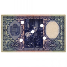 1000 Pengő Bankjegy 1927 érvénytelenített 5 lyukkal
