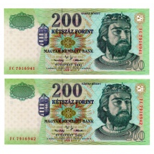 200 Forint Bankjegy 2001 FC UNC sorszámkövető pár