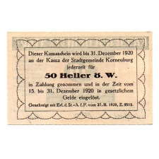 Ausztria Notgeld Korneuburg  50 Heller 1920 narancs