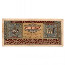 Horvátország 5000 Kuna Bankjegy 1943 P13a VF