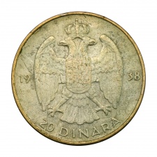 Jugoszlávia II. Péter 20 Dinár 1938 Ag