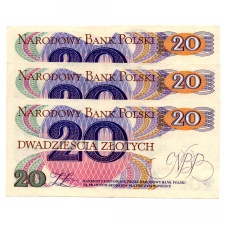 Lengyelország 20 Zloty Bankjegy 1982 P149b L157bb sorkövető 3db