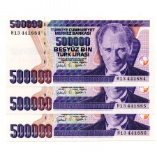 Törökország 500000 Líra Bankjegy 1998 P212 sorszámkövető 3 db
